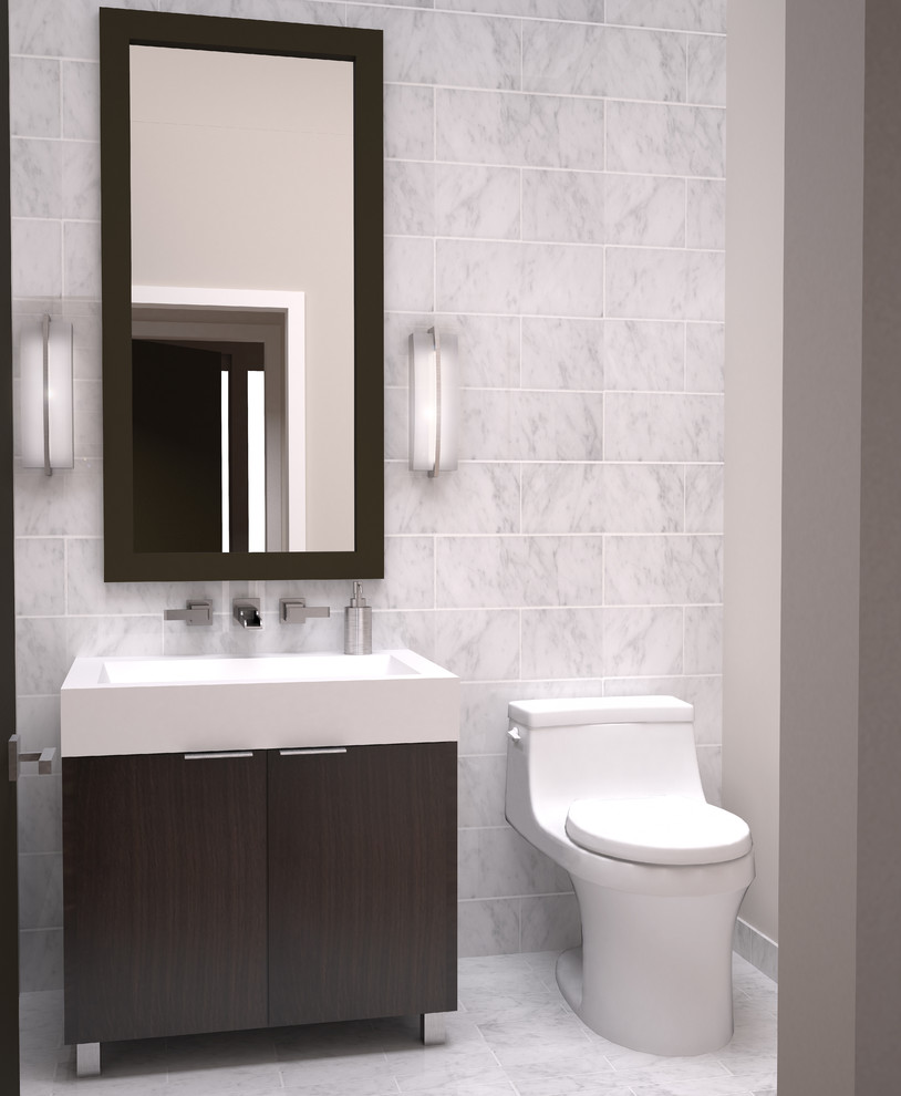 Пример оригинального дизайна: ванная комната среднего размера в стиле модернизм с монолитной раковиной, фасадами островного типа, темными деревянными фасадами, столешницей из кварцита, унитазом-моноблоком, белой плиткой, каменной плиткой, белыми стенами, мраморным полом и душевой кабиной