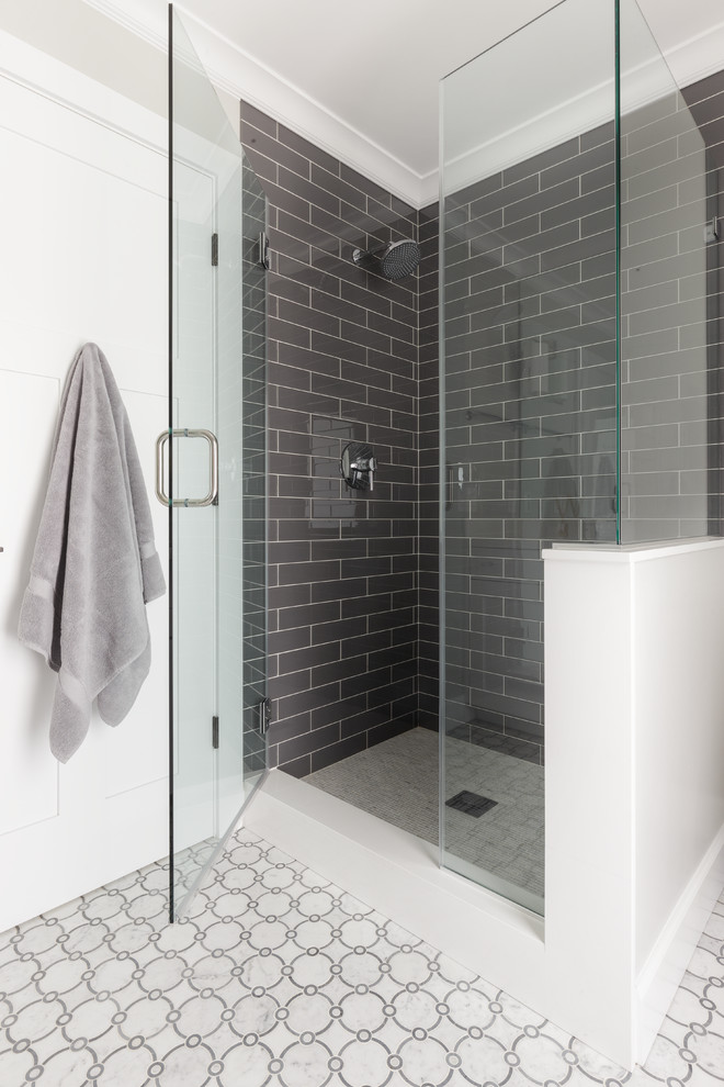 Medium sized classic ensuite bathroom in San Francisco with shaker cabinets, white cabinets, a corner shower, a one-piece toilet, blue tiles, metro tiles, grey walls, a submerged sink, engineered stone worktops, white floors and a hinged door.