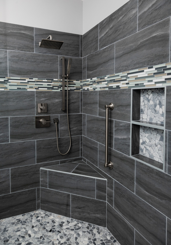 Design ideas for a large industrial ensuite bathroom in Atlanta with a walk-in shower, grey tiles, porcelain tiles, porcelain flooring, engineered stone worktops, grey floors, an open shower, white worktops and a wall niche.