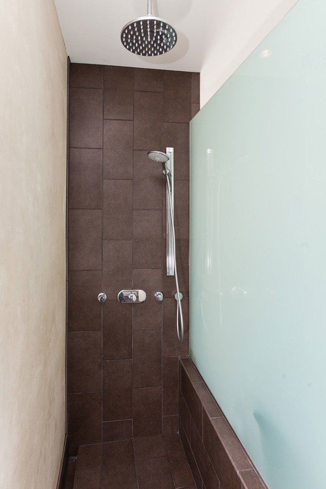 Dark Tiled Shower With Glass Wall Contemporary Bathroom Los