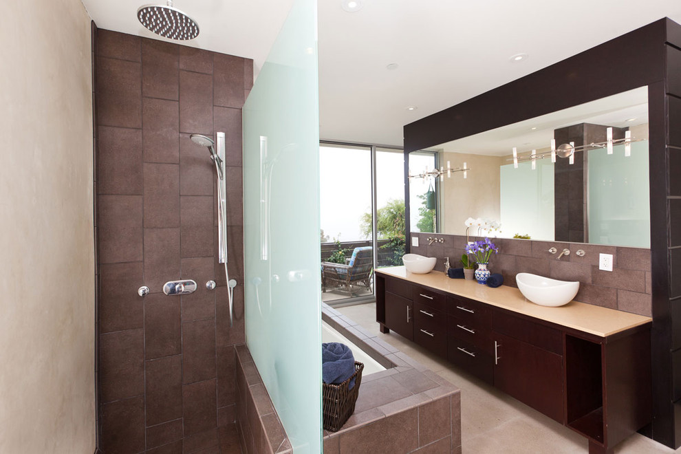 Dark Tiled Shower With Glass Wall Contemporary Bathroom Los