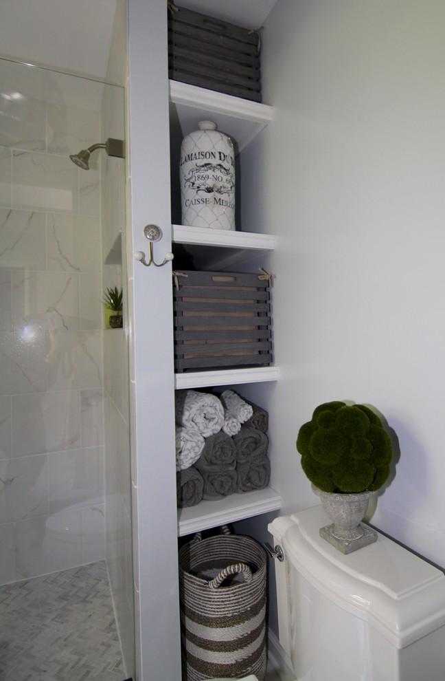 Inspiration for a mid-sized eclectic master white tile and porcelain tile porcelain tile alcove shower remodel in DC Metro with an undermount sink, recessed-panel cabinets, white cabinets, granite countertops and gray walls