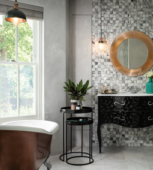 Discover Timeless Elegance: Gold Framed Round Bathroom Mirror Ideas for White and Gray Backsplash Bliss