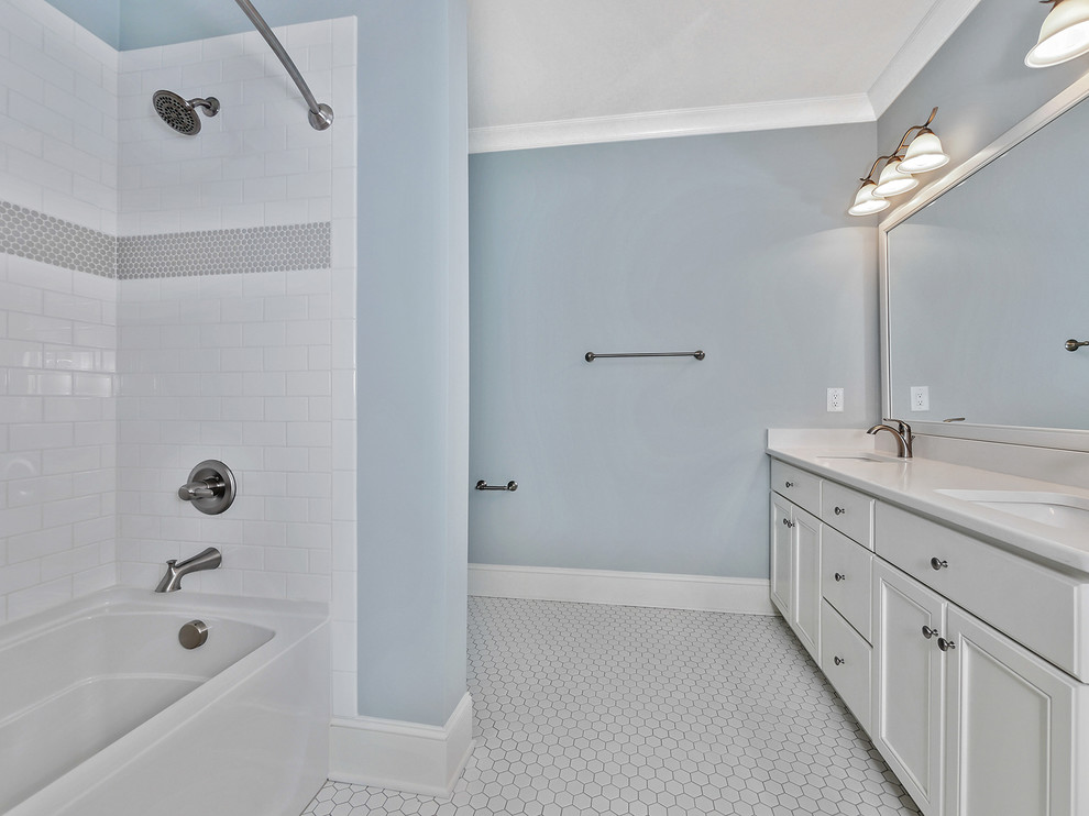 Example of a large cottage kids' blue tile ceramic tile and white floor bathroom design in Charlotte with shaker cabinets, white cabinets, a one-piece toilet, an undermount sink and white countertops