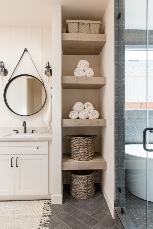 Farmhouse Charm: Shiplap Walls and Wooden Shelves for Bathroom Storage