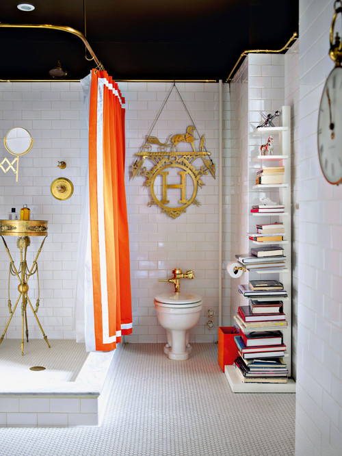 Eclectic Luxury Unveiled: Boys Bathroom Ideas with Orange Curtain