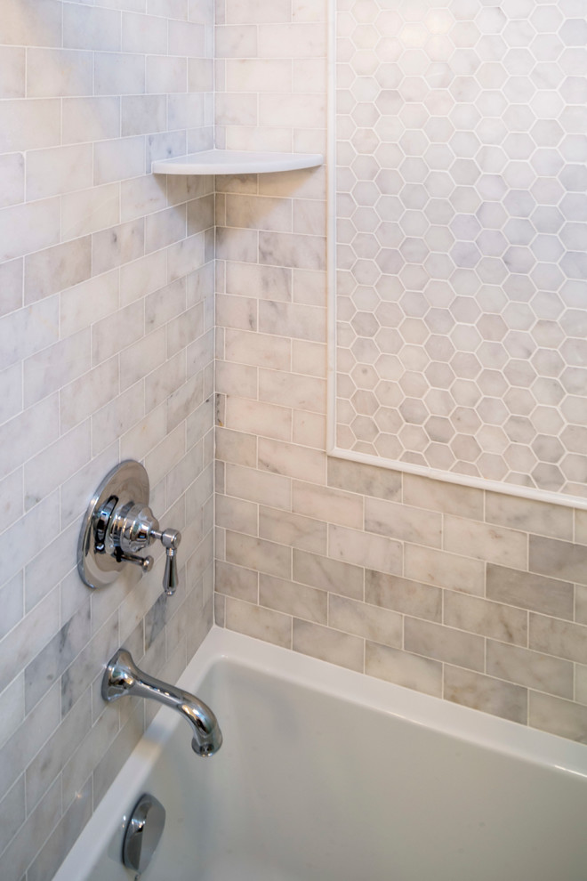 Tub/shower combo - mid-sized transitional gray tile and ceramic tile ceramic tile tub/shower combo idea in Chicago with an undermount sink, shaker cabinets, distressed cabinets, granite countertops, a one-piece toilet and green walls