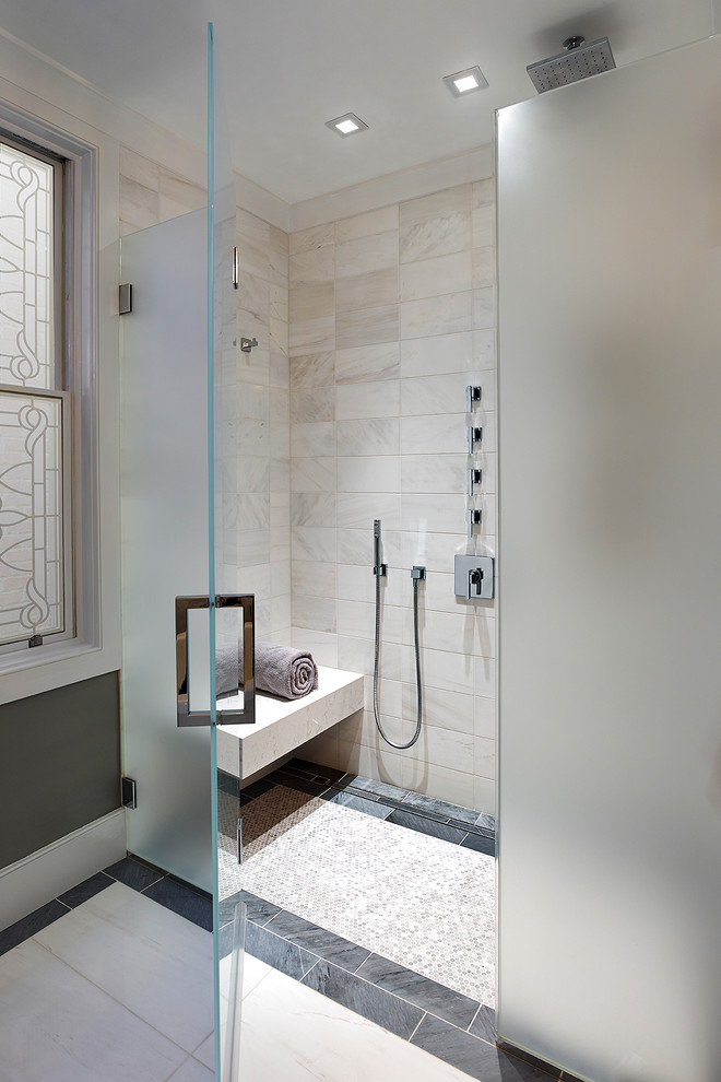Walk-in shower - transitional master walk-in shower idea in Philadelphia with green walls