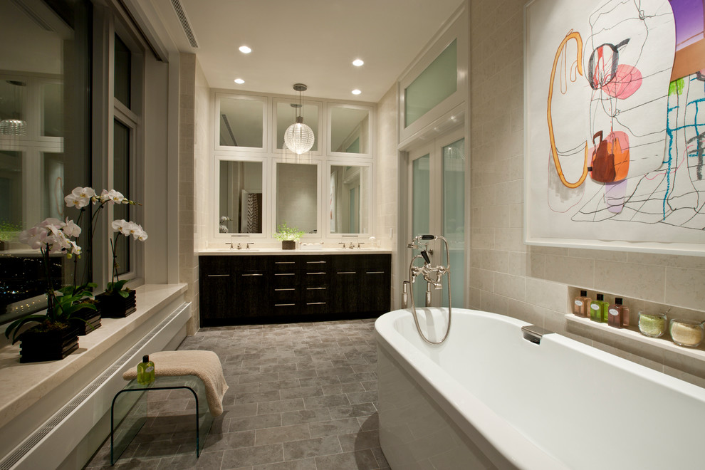 Photo of a contemporary bathroom in Chicago with a freestanding bath.