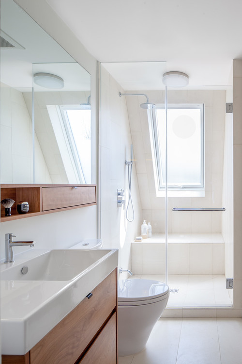 Attic Bathroom Designs with White and Cream Tones