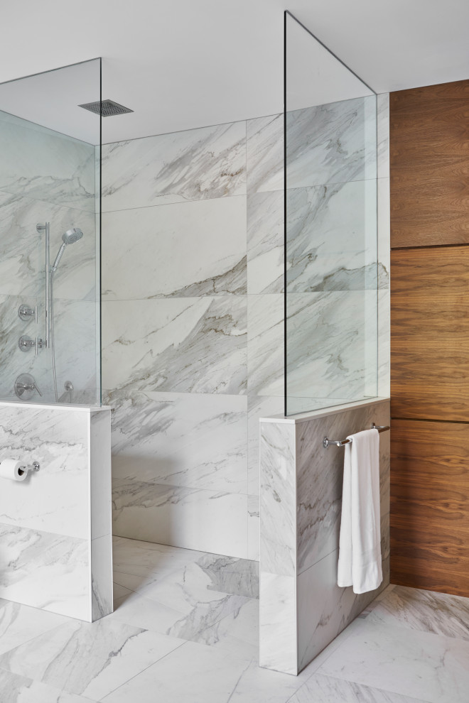 Bathroom - modern master white tile ceramic tile and white floor bathroom idea in Toronto with a one-piece toilet, an undermount sink and white countertops