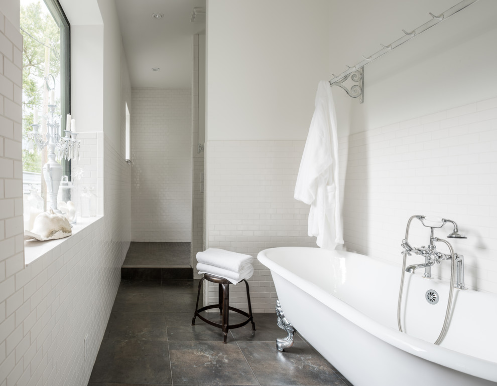 Photo of a small urban ensuite bathroom in Houston with a claw-foot bath, a walk-in shower, white tiles, ceramic tiles, white walls and ceramic flooring.