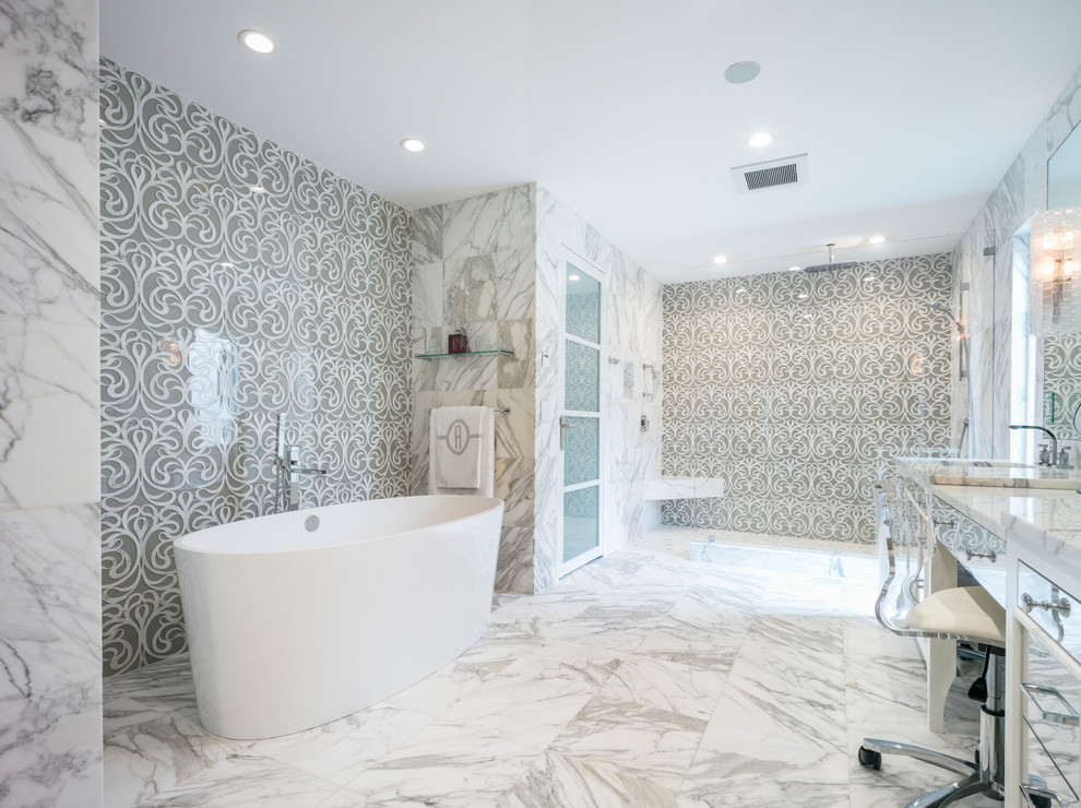 Example of an eclectic multicolored tile and stone tile marble floor and multicolored floor bathroom design in New York with glass-front cabinets, white walls and a hinged shower door