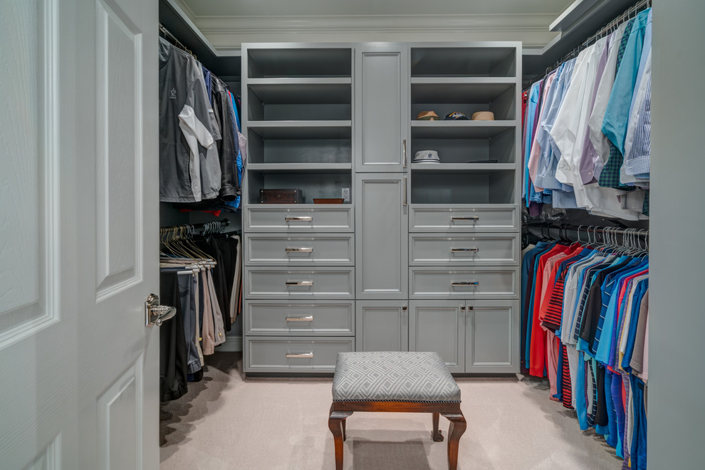 Example of a large classic marble floor closet design in Nashville with gray cabinets
