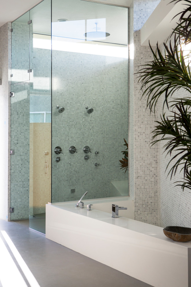 Modernes Badezimmer mit weißer Wandfarbe, Betonboden und grauem Boden in Los Angeles