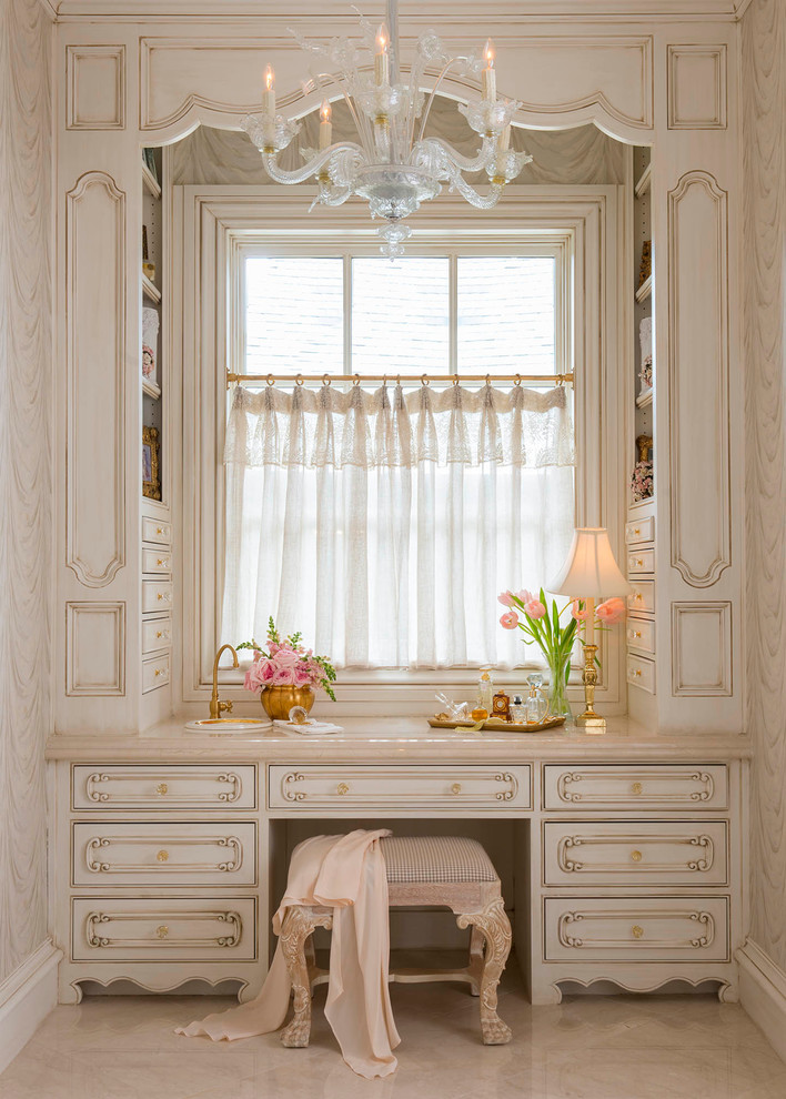 Bathroom - traditional master bathroom idea in Dallas with furniture-like cabinets, beige cabinets and beige walls