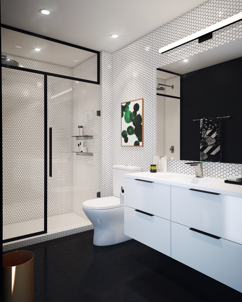 На фото: ванная комната в современном стиле с плоскими фасадами, белыми фасадами, душем в нише, раздельным унитазом, белой плиткой, душевой кабиной, монолитной раковиной, черным полом, душем с распашными дверями и белой столешницей с