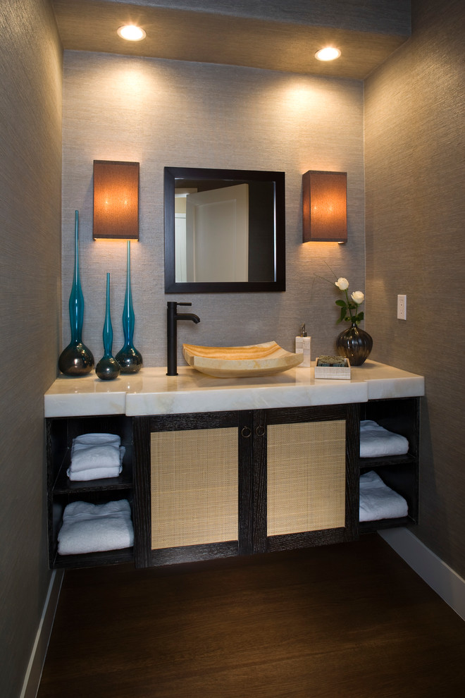 This is an example of a contemporary bathroom in Los Angeles with a vessel sink.