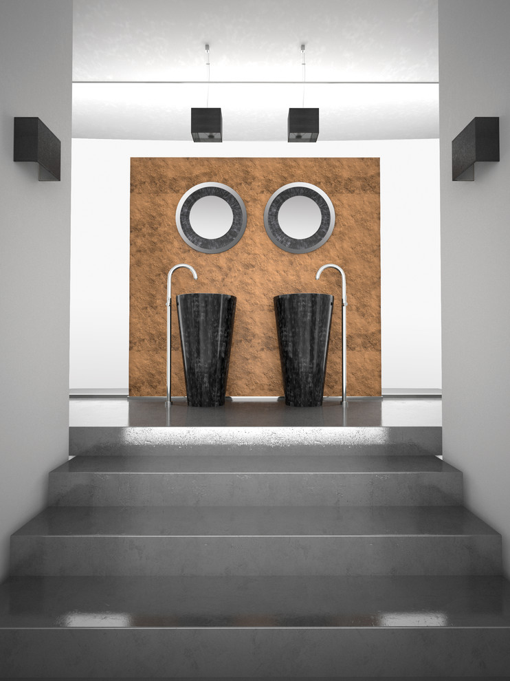 Inspiration för stora moderna en-suite badrum, med ett piedestal handfat, ett fristående badkar, en dubbeldusch, en toalettstol med separat cisternkåpa, brun kakel, glasskiva, vita väggar, betonggolv, grått golv och med dusch som är öppen