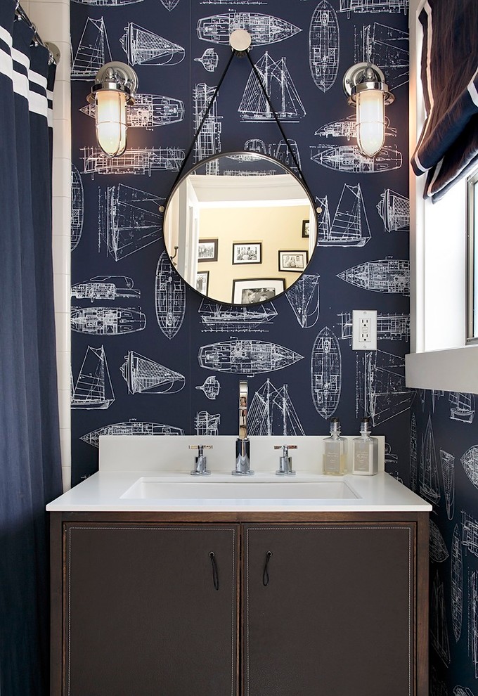 Trendy bathroom photo in San Francisco with flat-panel cabinets, brown cabinets, multicolored walls and white countertops
