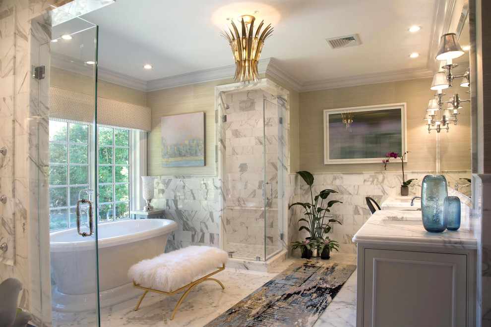 Bathroom - huge transitional master white tile and marble tile double-sink bathroom idea in Newark with beaded inset cabinets, white cabinets, marble countertops, a hinged shower door, white countertops and a built-in vanity