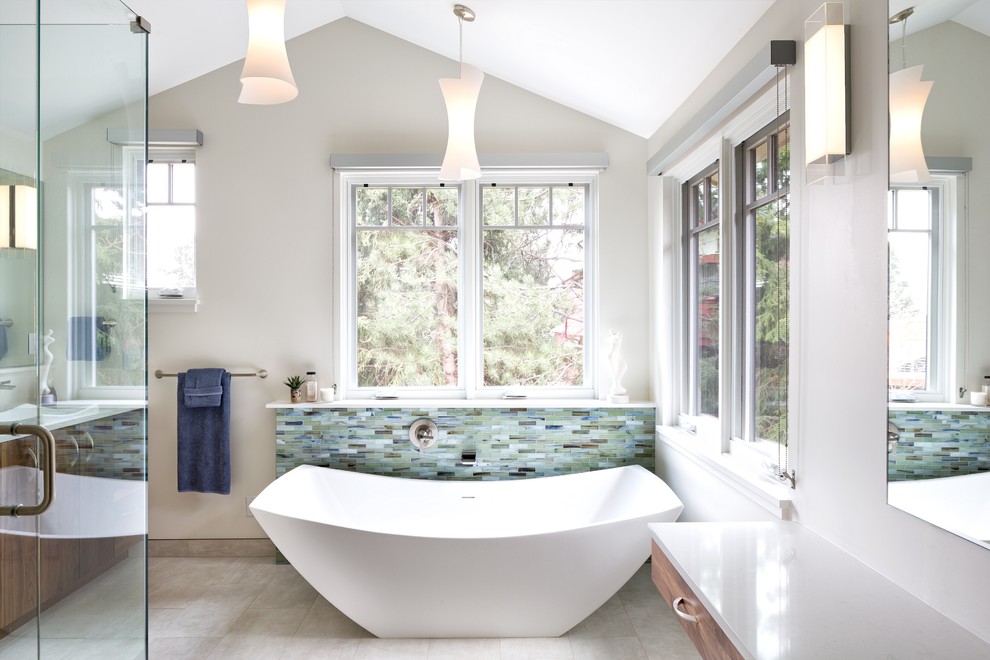 Example of a small transitional master blue tile and glass tile porcelain tile and gray floor bathroom design in Denver with flat-panel cabinets, medium tone wood cabinets, white walls, a vessel sink, quartz countertops and a hinged shower door
