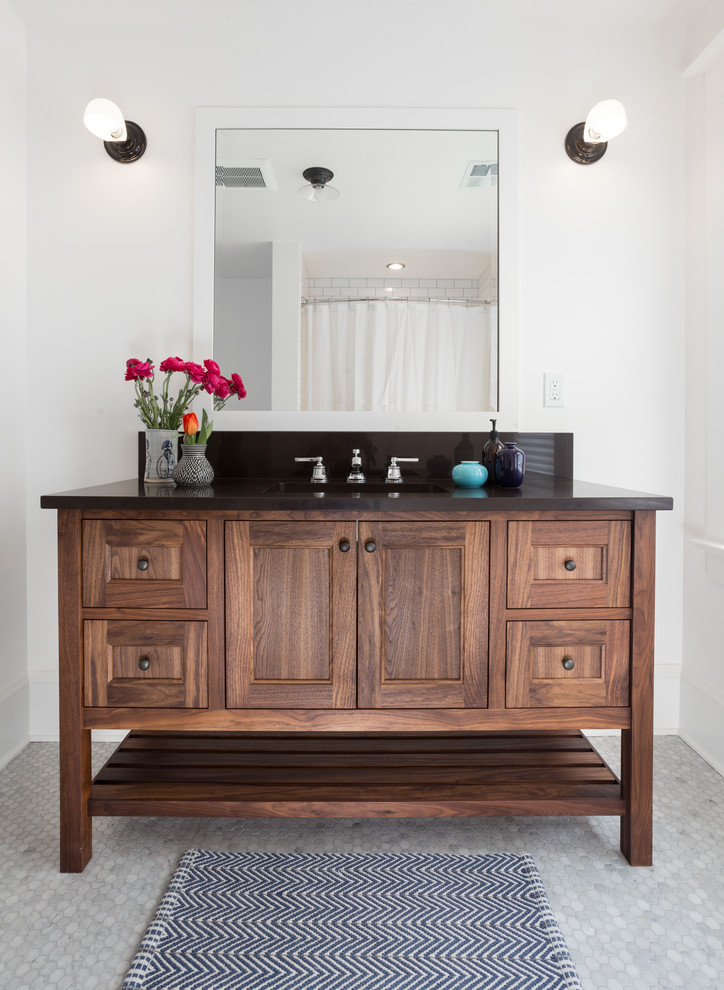 Inspiration for a medium sized classic ensuite bathroom in Portland with freestanding cabinets, medium wood cabinets, white walls, marble flooring, a submerged sink, engineered stone worktops and grey floors.