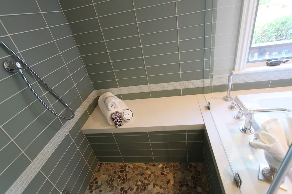 Example of a mid-sized minimalist gray tile and porcelain tile porcelain tile bathroom design in San Francisco with an undermount sink, flat-panel cabinets, dark wood cabinets, quartz countertops, a two-piece toilet and gray walls