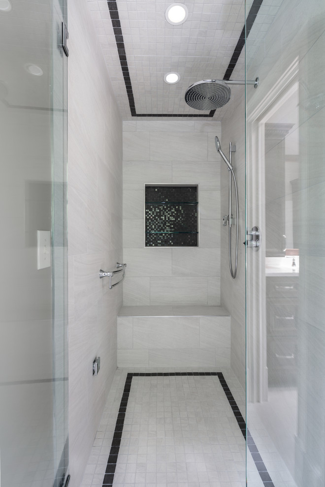 Bathroom - small traditional master white tile and ceramic tile ceramic tile bathroom idea in Atlanta with an undermount sink, recessed-panel cabinets, dark wood cabinets, quartz countertops, a one-piece toilet and beige walls