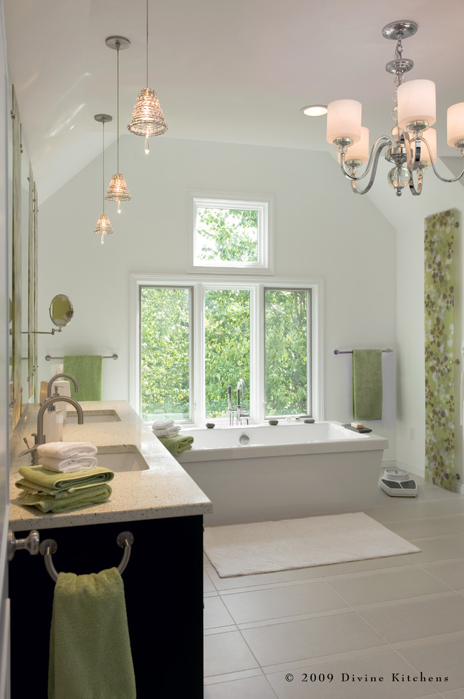 Bathroom - large contemporary master white tile and porcelain tile porcelain tile bathroom idea in Boston with an undermount sink, flat-panel cabinets, dark wood cabinets, quartz countertops, a two-piece toilet and white walls