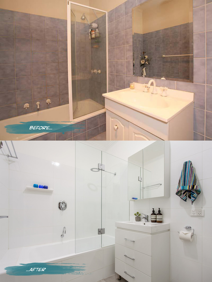На фото: маленькая детская ванная комната в стиле модернизм с душем над ванной, белой плиткой, керамической плиткой, белыми стенами, полом из керамической плитки, монолитной раковиной, белыми фасадами, накладной ванной и унитазом-моноблоком для на участке и в саду