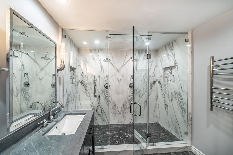 Mid-sized minimalist master black and white tile and stone slab porcelain tile and multicolored floor double shower photo in Los Angeles with shaker cabinets, gray cabinets, a bidet, gray walls, an undermount sink, quartzite countertops, a hinged shower door and green countertops