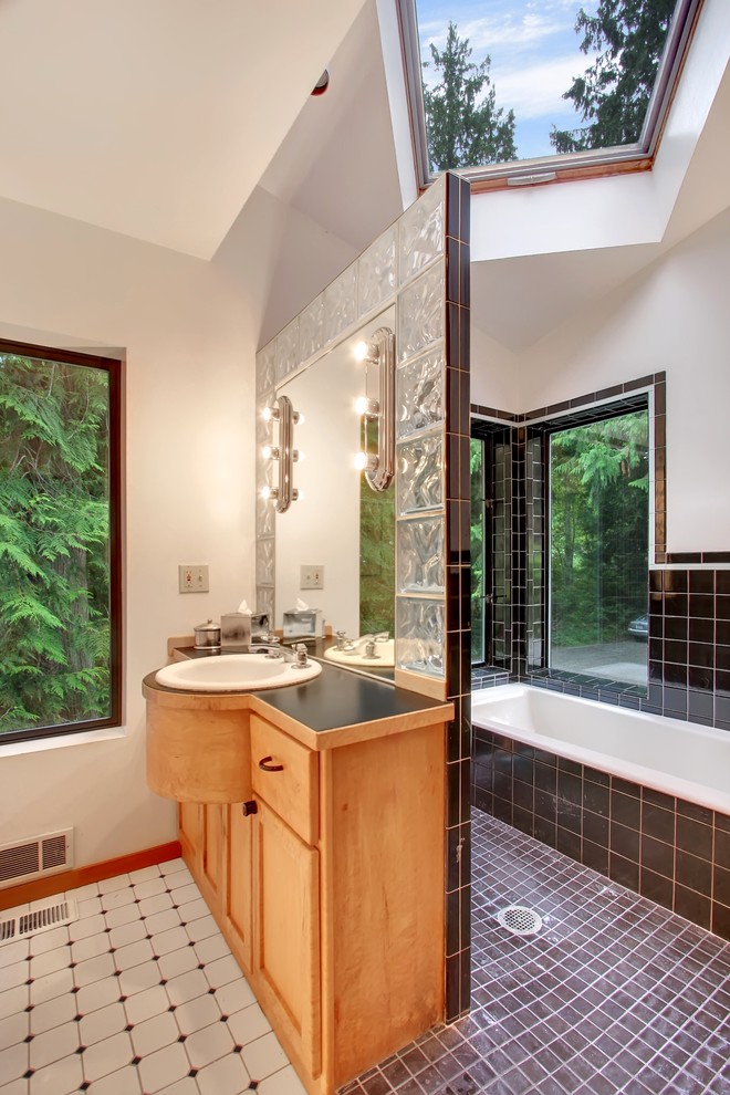 Inspiration for a contemporary porcelain tile bathroom remodel in Seattle