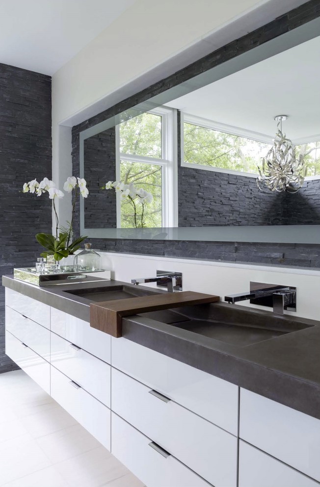 Large danish master white tile bathroom photo in Toronto with a trough sink, flat-panel cabinets, white cabinets and gray walls