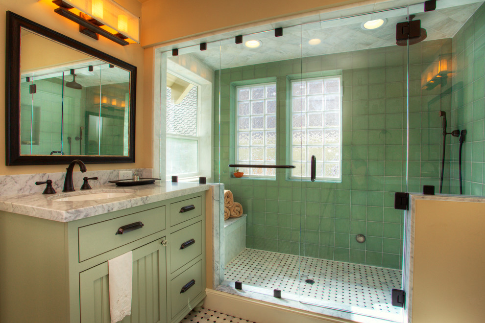 Example of an arts and crafts green tile multicolored floor bathroom design in Sacramento with an undermount sink, flat-panel cabinets, green cabinets and gray countertops