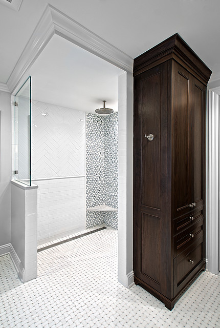 Doorless Shower and Adjacent Linen Closet - Transitional - Bathroom - Chicago - by Benvenuti and ...