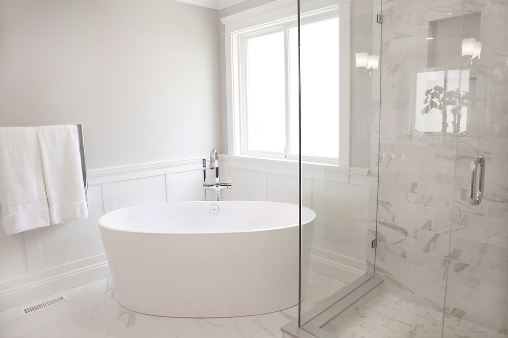 Bathroom - large traditional master white tile and porcelain tile porcelain tile bathroom idea in Vancouver with an undermount sink, shaker cabinets, medium tone wood cabinets, quartz countertops and gray walls