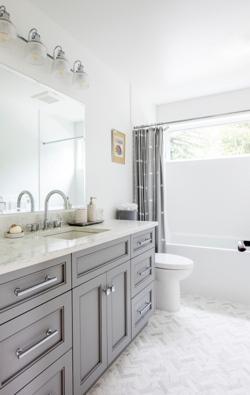 Gray Elegance: Shaker Vanity with Marble Countertop and Gray Bathroom Curtain Inspirations