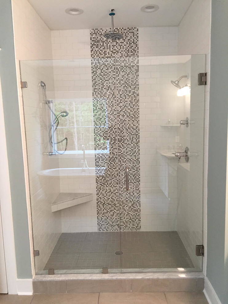Inspiration for a medium sized contemporary ensuite bathroom in Richmond with raised-panel cabinets, white cabinets, a freestanding bath, a walk-in shower, white tiles, glass sheet walls, grey walls, ceramic flooring, a built-in sink and marble worktops.