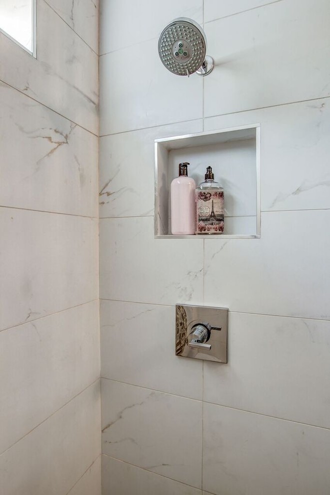 Inspiration for a small eclectic 3/4 white tile and pebble tile porcelain tile bathroom remodel in Phoenix with shaker cabinets, white cabinets, a two-piece toilet, gray walls, granite countertops and a vessel sink