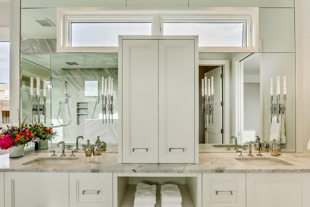 Double Sink Vanity Mirror With White Cabinetry Contemporary Bathroom Calgary By Rockwood Custom Homes Houzz