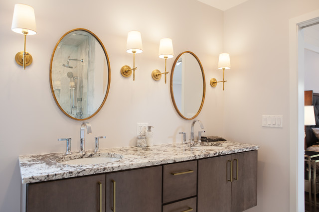 Double Sink Vanity With Gold Round Mirrors Retro Badrum Chicago Av Eclectic Design Source