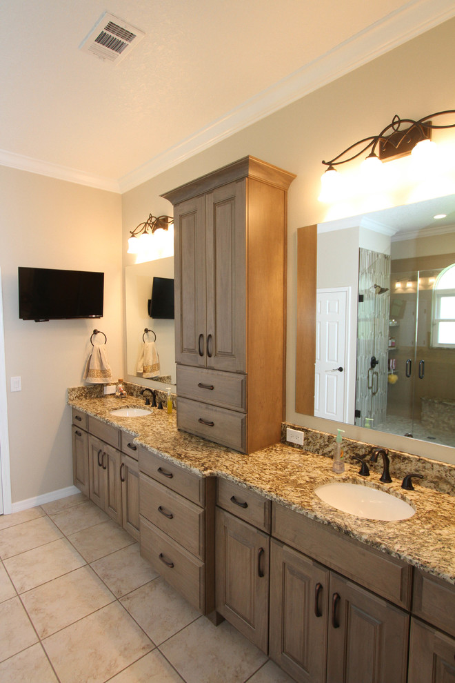 Double Vanity with Storage Tower Transitional Bathroom Orlando