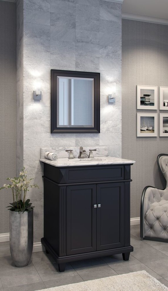 Mittelgroßes Modernes Badezimmer En Suite mit flächenbündigen Schrankfronten, schwarzen Schränken, grauen Fliesen und grauer Wandfarbe in New Orleans