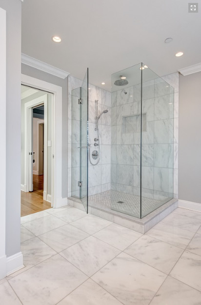 Bathroom - large contemporary master gray tile, white tile and stone tile marble floor and white floor bathroom idea in Vancouver with gray walls, a hinged shower door, shaker cabinets and white cabinets