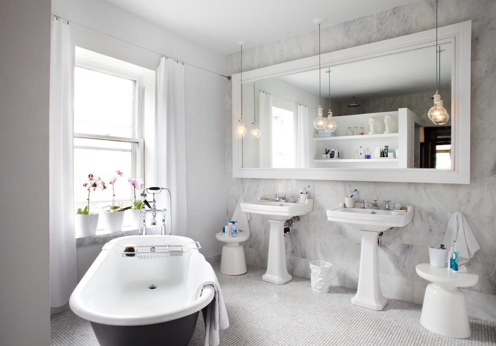 Bathroom - contemporary white tile bathroom idea in Toronto with a pedestal sink and white walls