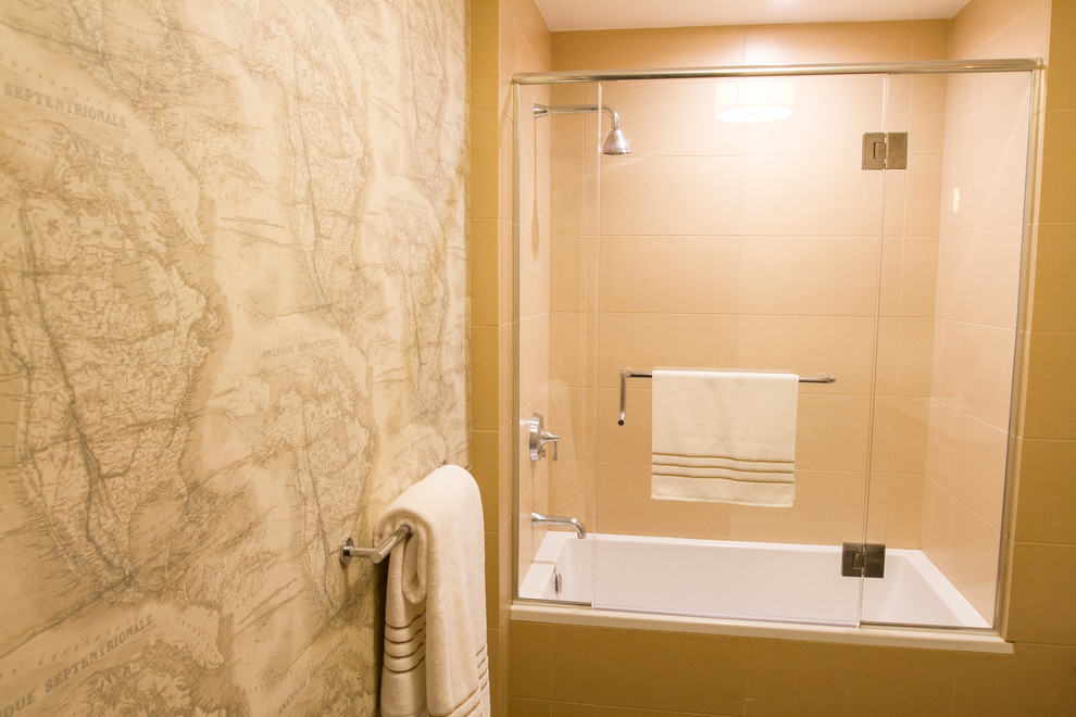Photo of a small traditional bathroom in Los Angeles with a built-in bath, a shower/bath combination, beige tiles, porcelain tiles, beige walls, porcelain flooring, a submerged sink and engineered stone worktops.