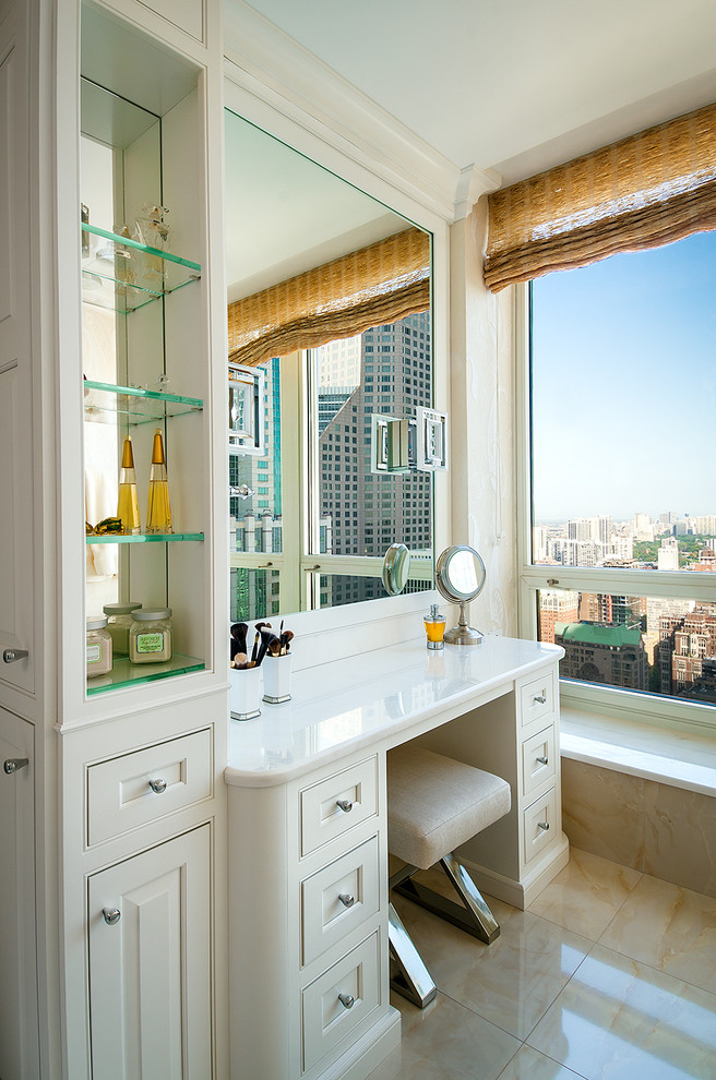 Trendy master bathroom photo in Chicago with raised-panel cabinets, white cabinets and white walls