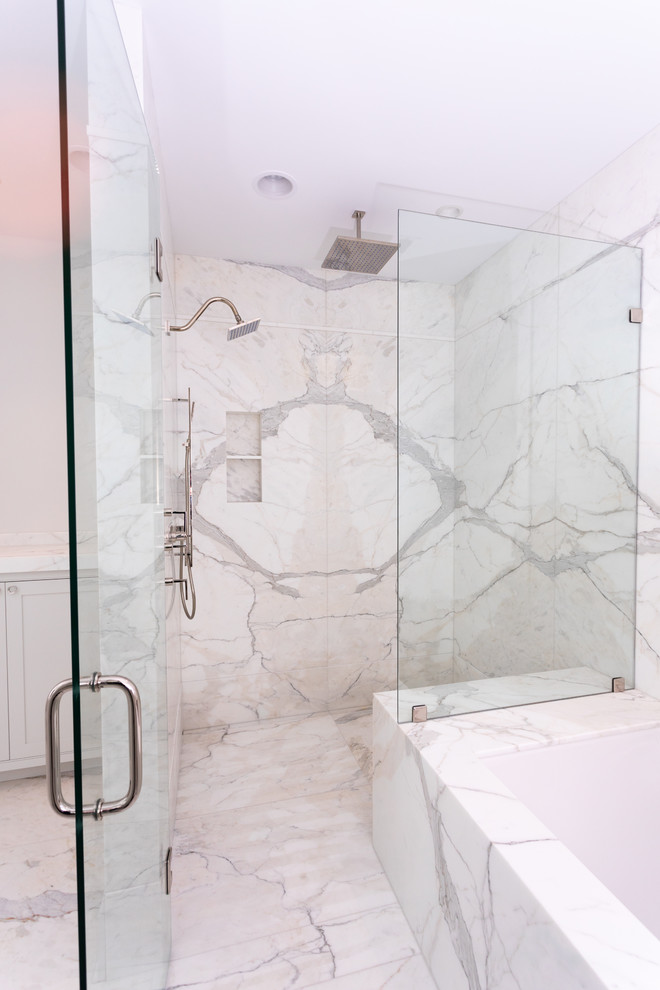 Example of a classic master marble floor and white floor walk-in shower design in Other with an undermount tub, an undermount sink, marble countertops and white countertops