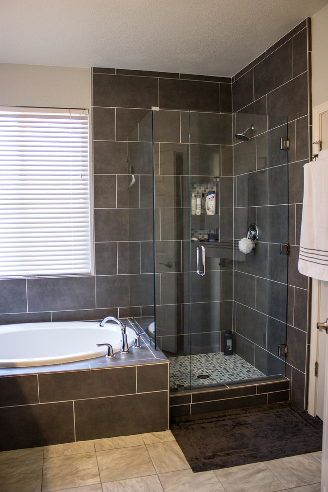 Example of a mid-sized trendy master gray tile bathroom design in Sacramento with white walls